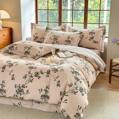 Yickyue Brushed Cotton Chic Floral  Breathable  Duvet Cover Twin Double Queen King 4Pcs 100%Cotton Bedding Set Bed Sheet 2 Pillowcases