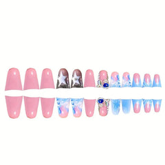 YICKYUE  -  Duckbill Cool Planet Star Y2k Nails Press On Nails 3D Water Drops French Tip Blue Gradient False Nails Flash Diamond Fake Nails