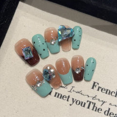 YICKYUE  -  10pcs Handmade Fake Nails French Green Wave Point With Rhinestone Artificial Nails Full Cover Press On Nail Short Ballet