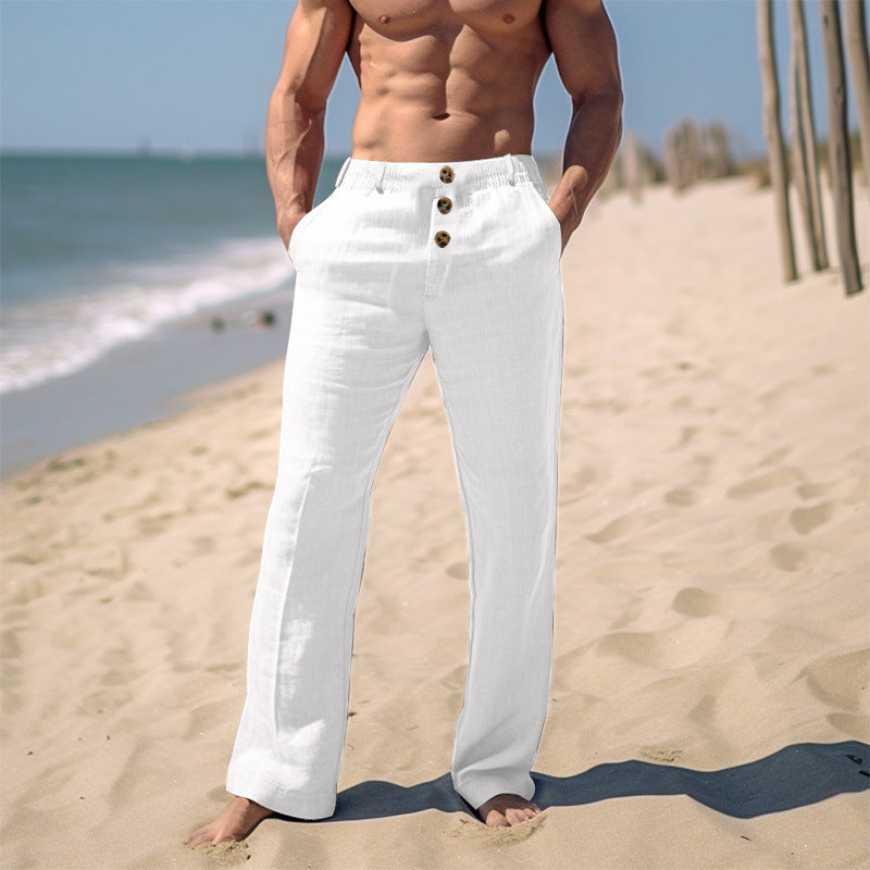 Hearujoy Cotton Linen Casual Pants For Men Solid color Buttoned Loose Comfort Ventilate Long Trousers Spring Summer Beach Pant Streetwear