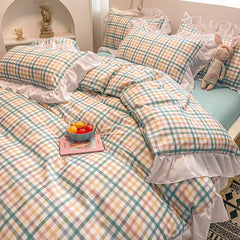 Luxury Super Soft Princess Flowers Plaid Bedding Set Single Queen King Ruffles Quilt Duvet Cover Set Pillowcases Double Bed Set
