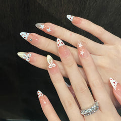 YICKYUE  -  10pcs Handmade French Press on Nails Sweet Cute Pink Bow Decor Fake Nails Wearable Glitter Sweet Cool Girls False Nail Tips