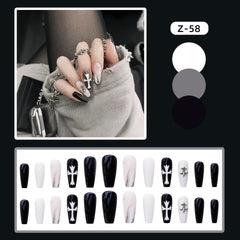 24Pcs/Box  Black White  Medium LongBallet Wearable Fake Nails Press on Square Head Full Cover Detachable Finished Fingernails