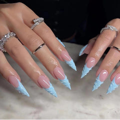 YICKYUE  -  24PCS Light Blue French False Nails 3D Water Ripple Decor Press On Long Almond Nails Full Cover Stiletto Fake Nails Y2k Finished