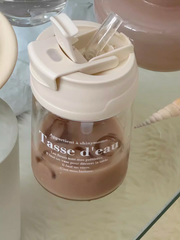 YICKYUE  -  Creative French Transparent Glass Ins Korean Style Portable Picnic Water Cup with Straw Carrying Cup Water Cup Cover Cute Cup