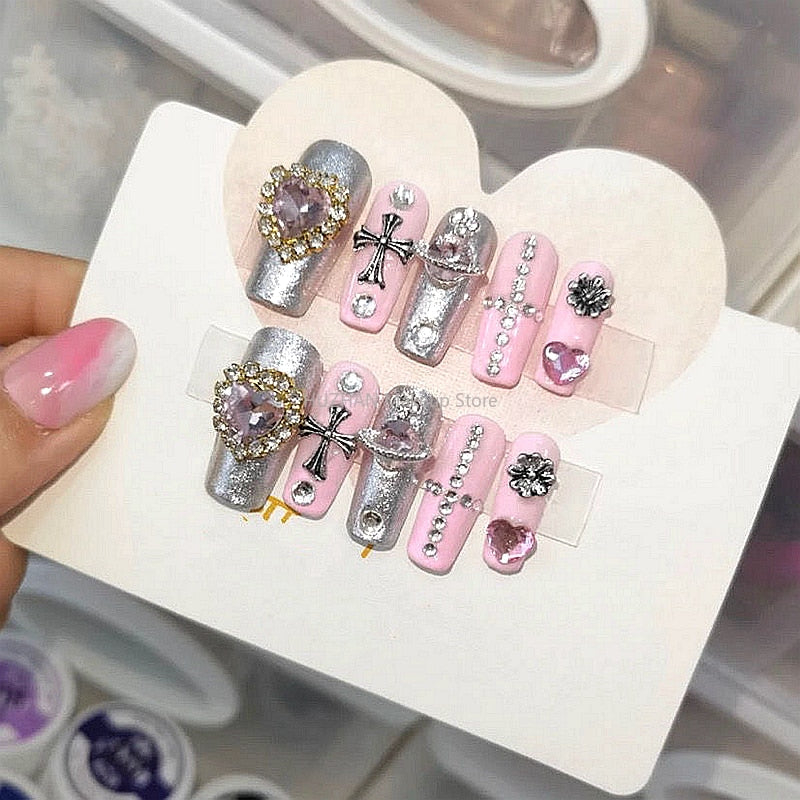 Handmade False Nail Tips Glittery Rhinestone Y2K Press On Nails Long Coffin Stiletto Reusable Fake Nail With Glue DIY Manicure