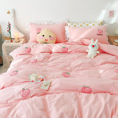 Yickyue Kawaii Peach  Bedding Set For Home Cotton Pink Twin Full Queen Size Cute Double Bed Sheet Pillowcase Duvet Quilt Cover
