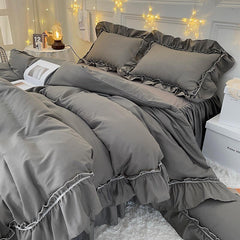 Dark Gray 3/4Pcs Mermaid Long Ruffles Duvet Cover Brushed Microfiber Shabby Chic Farmhouse Comforter Cover Bedskirt 2Pillowcases