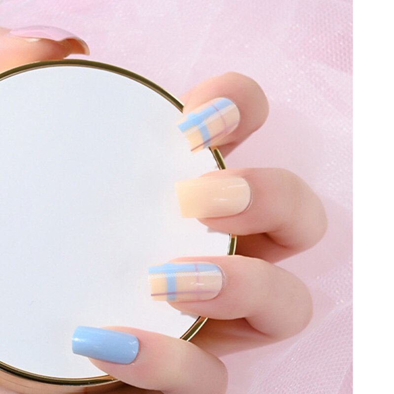 2022 New Acrylic False Nail Gradient Stripe Geometric Art Tips Natural Full Cover Fake Nail Wearable Plant Image Nails Jelly gum