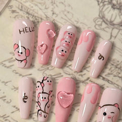Yickyue Pink Piggy Pure Handmade Wearable fake Nails Cute Medium Length T False Nails Patches Easy To Remove For Girls Artificial Nails