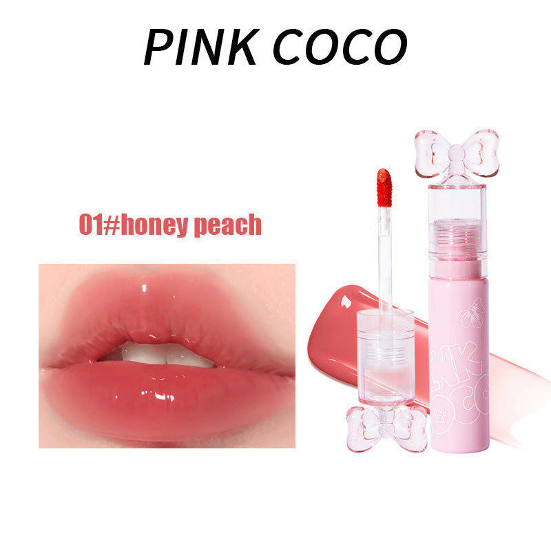 YICKYUE  -  Cute Pink Bow Lip Gloss Mirror Water Lip Glaze Transparent Glass Lip Oil Waterproof Liquid Lipstick Nude Pink Clear Tint Makeup