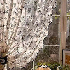 YICKYUE  -  Cotton Blend Curtains Floral Embroidery Curtains for Living Room Black Printed Curtains Rod Pocket Farmhouse Decor Window Drapes