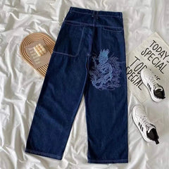 Hearujoy  90s Streetwear Y2k Baggy Jeans Harajuku Hip Hop Dragon Pattern Retro Black Oversized Baggy Jeans Men Women New Gothic Wide Trousers Streetwear