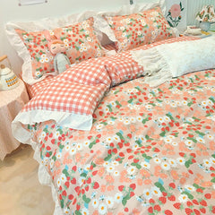 2022 Cotton Edge Printed Bedding 4PCS Quilt Cover Fitted Bed Sheet Pillowcase Cute Princess Room Bedroom Decoration Household