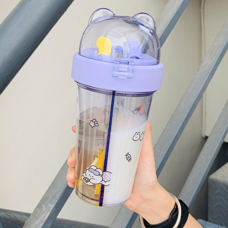 420ml Kawaii Double Water Bottle Two Straws Outdoor Portable Bottle Student Couple Plastic Cup Gift Drinking Water Bottle Kettle