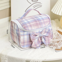 Plaid Cosmetic Bags Large Capacity Bow Canvas Cosmetic Bag Portable Ins Make Up Storage Japan Style Female Toiletry Storage Bag