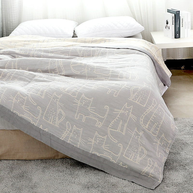 WOSTAR Pure cotton twel muslin quilt blanket cartoon cat print luxury double bed summer bedspread thin duvet king size bedding