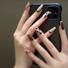 24 Pcs Autumn Khaki Plaid Acrylic Ballet Fake Nails With Glue Korean Cute Press On False Nail Tips Tools For Manicure Decoration