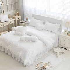 100%Cotton Thick Quilted Lace White Bedding set Girls Pink Princess King Queen Twin size Bed set Ruffle Bed skirt set Pillowcase