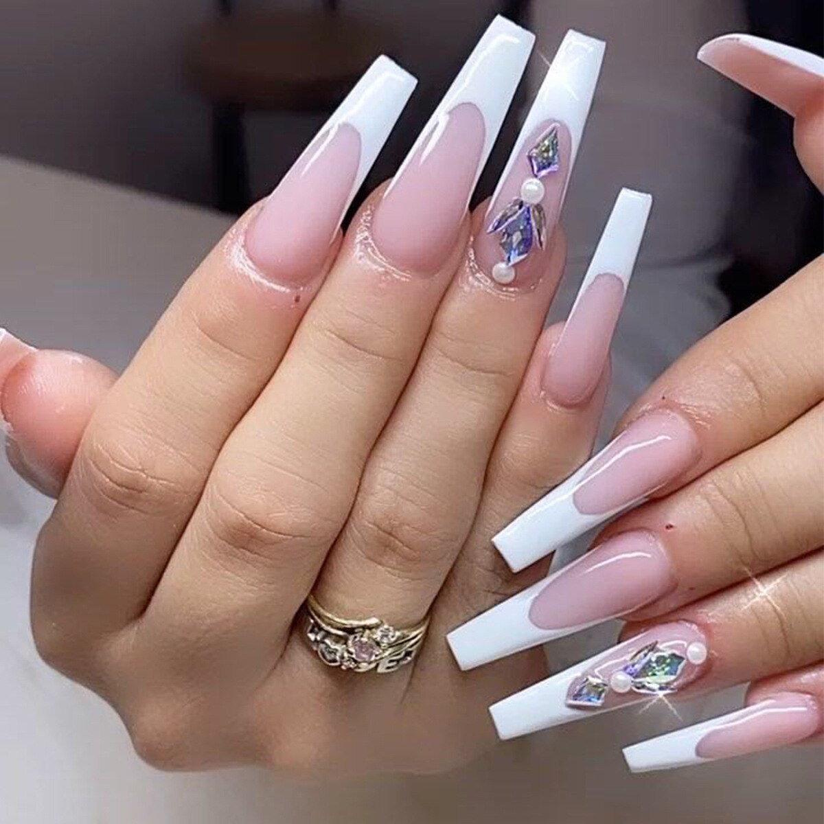 24 Pcs Pink Artificial Diamond Fake Nails French Black Flame Stars Halloween Ballet Press On Nail Tips Manicure Decoration Tools