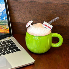 YICKYUE  -  Creative Cup Summer Coconut Mug Girl Heart Cute Large Capacity Ceramic Cup With Lid Water Bottle Kitchen Acceesories Home Decor