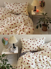 2022NEW Red Love Patter  100% Cotton Girl's HomeTextile Duvet Cover and Bedsheet Quilt Cover Soft Luxury Bedding Set Ins Fashion