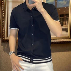 Hearujoy Light Lluxury Solid Patchwork Striped Shirt For Men Fashion Square Collar Short Sleeve Cardigan Tops Summer Slim Fit Polo Shirts