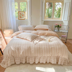 Yickyue 100%Cotton Bedding Set Striped Jacquard Lace Ruffles Bed Linen Sets Queen/King Cotton Bed Sheet Set with Ruffles Duvet Cover