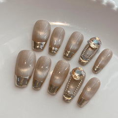YICLYUE  10pcs Handmade Nail Y2K Fake Nails Champagne Cat's Eye False Nails Full Diamond Mirror French Style Ballet Nails Sweet Cool Girl