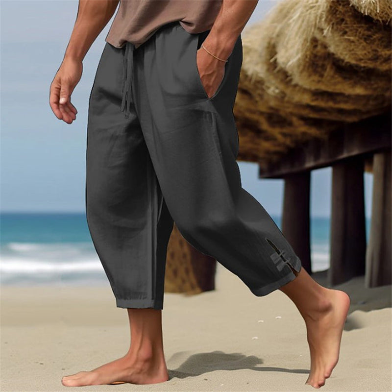 Hearujoy Summer Mens Linen Cropped Pants Oversize Loose Feet Forked Pencil Pant Fashion Casual Pantalones Beach Trousers Streetwear