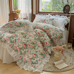 YICKYUE  -  Floral Print Pure Cotton Korean Princess Style Bedding Set Bedskirt Bedspread Quilt Cover French Vintage Lace Bed Set Pillowcase