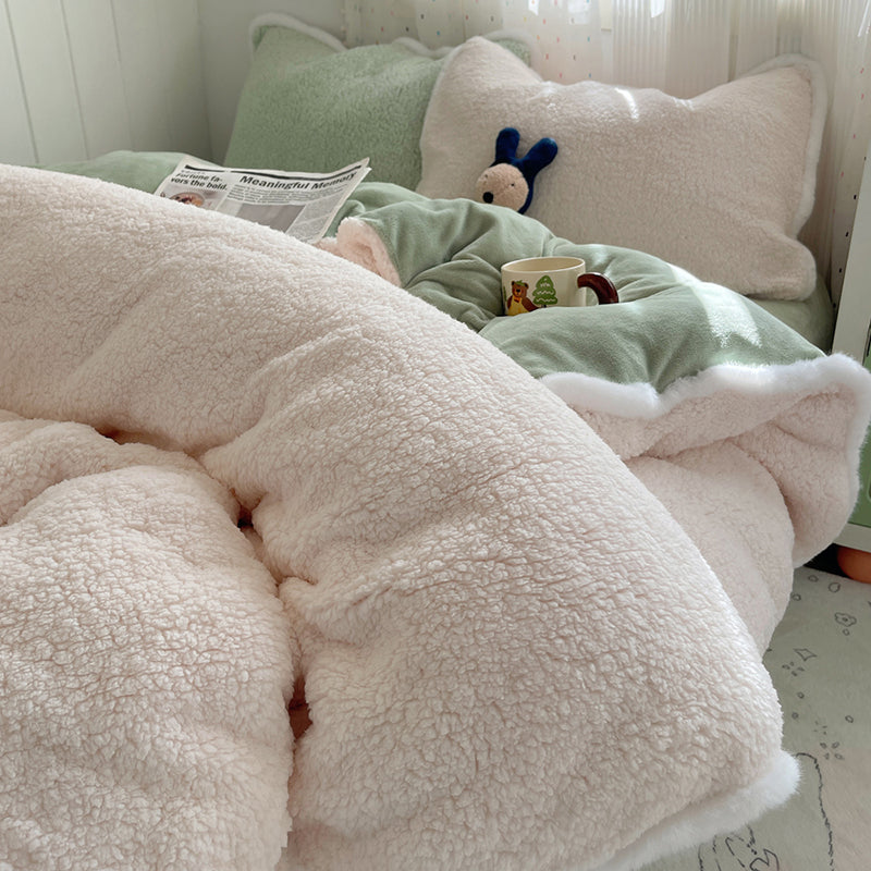 YICKYUE  -  Winter Thicken Warm Berber Fleece Princess Bedding Set Queen Size Plush Soft Duvet Cover Set Flat/Fitted Bed Sheet Pillowcases