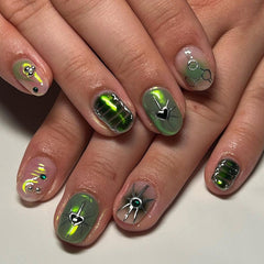 YICKYUE  -  Green Star y2k Nails Press On Short Round Nails for Cool Girls Aurora Fake Nails With Diamond Charms Designs Finished False Nail