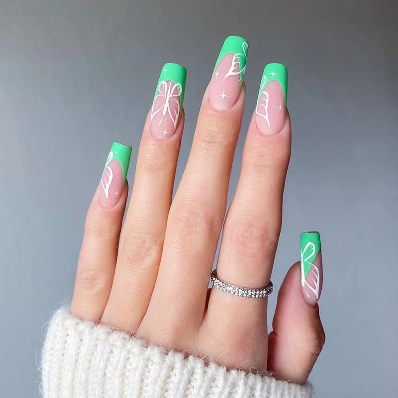YICKYUE  -  Punk Silver Line Symbol French Blush Halo Dye Love Long Ballet Nail Full Finished False Fake Art Nail Glue Manicure Charm Woman