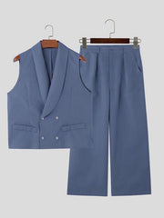 HEARUJOY  -  Men Casual Solid Color Shawl Collar Double Breasted Vest with Buttoned Waist Front Zipper Straight Leg Pants Baggy Thin Formal Work Pants Blazer Suit - Polyester, Non-Stretch, Summer, Regular Fit, Woven, 130g/m²