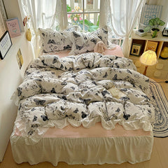 YICKYUE  -  Ins Solid Butterfly Bedding Set for Adult, Twin, Full, Queen Size Bed Linen, Floral Bed, Flat Sheet, Pillowcase Cream Style