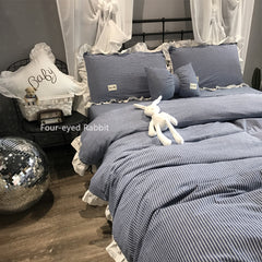 YICKYUE  -  Korean Style Washed Cotton Bedding Set - 4PC Striped Duvet Cover with Lace Trim