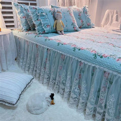 French elegant Princess style Ruffle Lace Bed Skirt Pillow shams soft 100%Cotton Farmhouse Floral Quilted Bedspread 3/5pcs