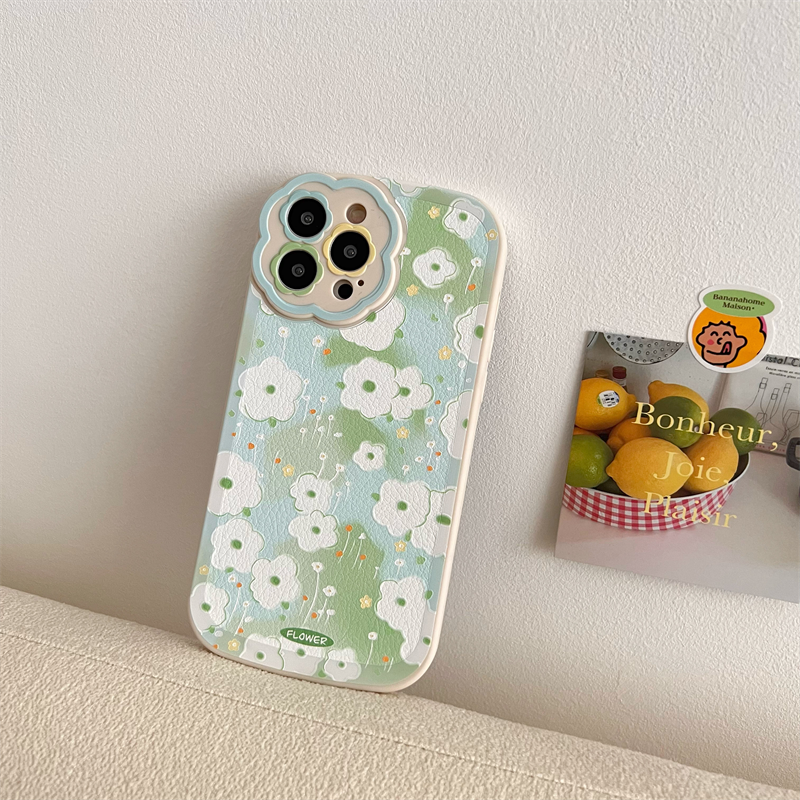 Korea Aesthetic Painting Green Flowers Lambskin Phone Case For iPhone 13 12 11 Pro XS Max  X XR Lovely Soft Silicone Back Cover