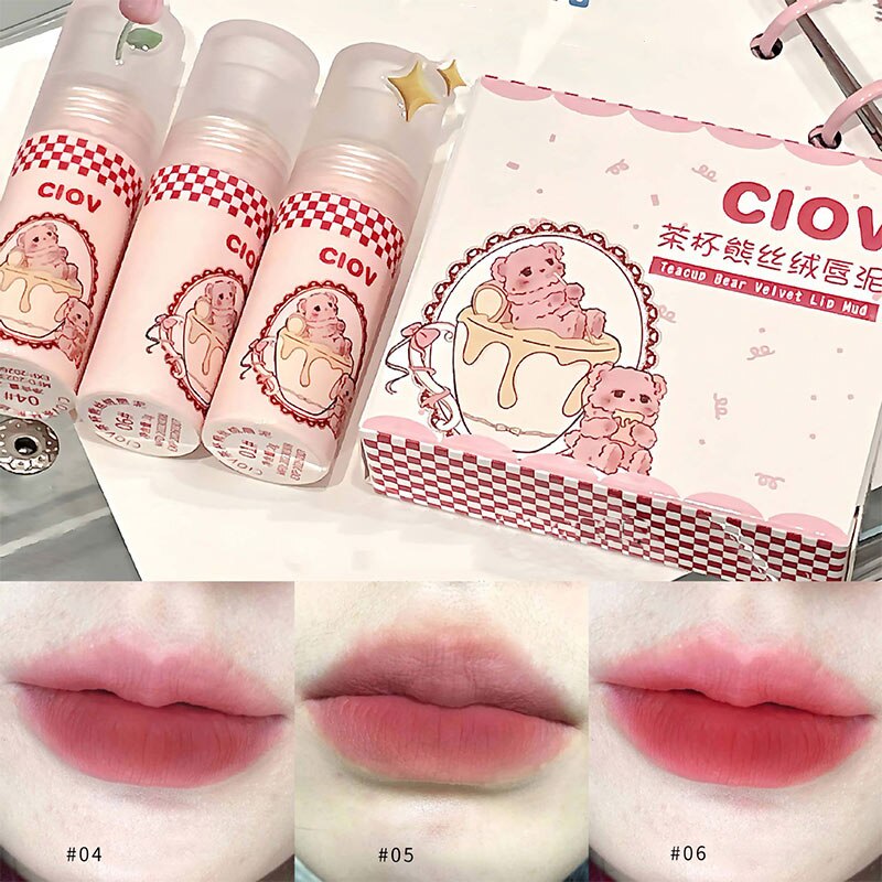 Yickyue Kawaii Teacup Bear Set Lipstick 3pcs Velvet Matte Lip Mud Fog Face Not Dry Not Fade Lip Gloss Korean Makeup Lip Makeup Gift Box
