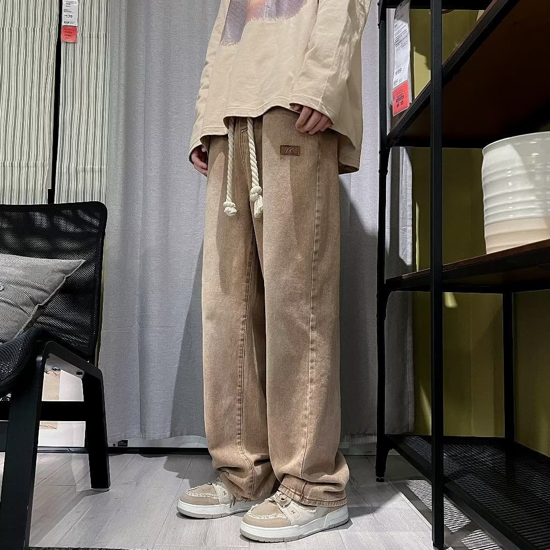 Hearujoy High Street Jeans Men Elastic Waist With Large Drawstring Straight Pants Fashion Casual Loose Wide Leg Denim Trousers Streetwear