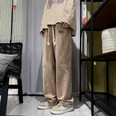 Hearujoy High Street Jeans Men Elastic Waist With Large Drawstring Straight Pants Fashion Casual Loose Wide Leg Denim Trousers Streetwear