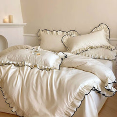 Yickyue Luxury 1000TC Egyptian Cotton French Princess Wedding Bedding Set Ruffles Black Edge Jacquard Duvet Cover Bed Sheet Pillowcases