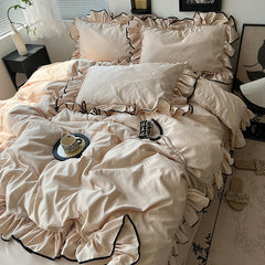 YICKYUE  -  Korean Princess Style Summer Ice Silk Bed Four-piece Set Light Luxury Silk Slide Naked Sleeping Bed Sheet Quilt Cover Washed Silk Cool