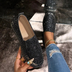 YICKYUE  -  Women's Bling Rhinestone Decor Flats Comfort Thick Sole Slip on Casual Shoes Woman Fashion Glitter Platform Loafers Shoes