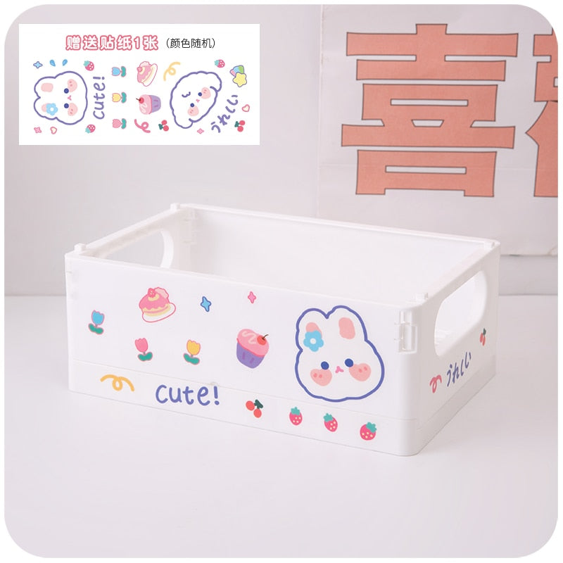 Ins Kawaii Desktop Storage Basket Box Organizer Plastic with Handle Cosmetic Folding Storage Box Basket Collapsible Home Decor