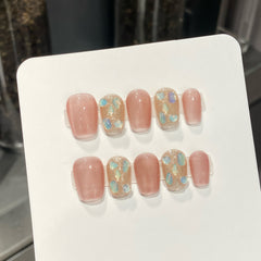 YICKYUE  -  Handmade Sweet Pink Cat Eye Press on Nails Glitter Diamond Decor False Nail Tips Wearable Full Cover Korean Short False Nails