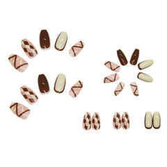 24Pcs/Set French Rhombus Designs False Nail Full Cover Fake Nails with Glue Detachable Wearable DIY Manicure Nail Art Tools
