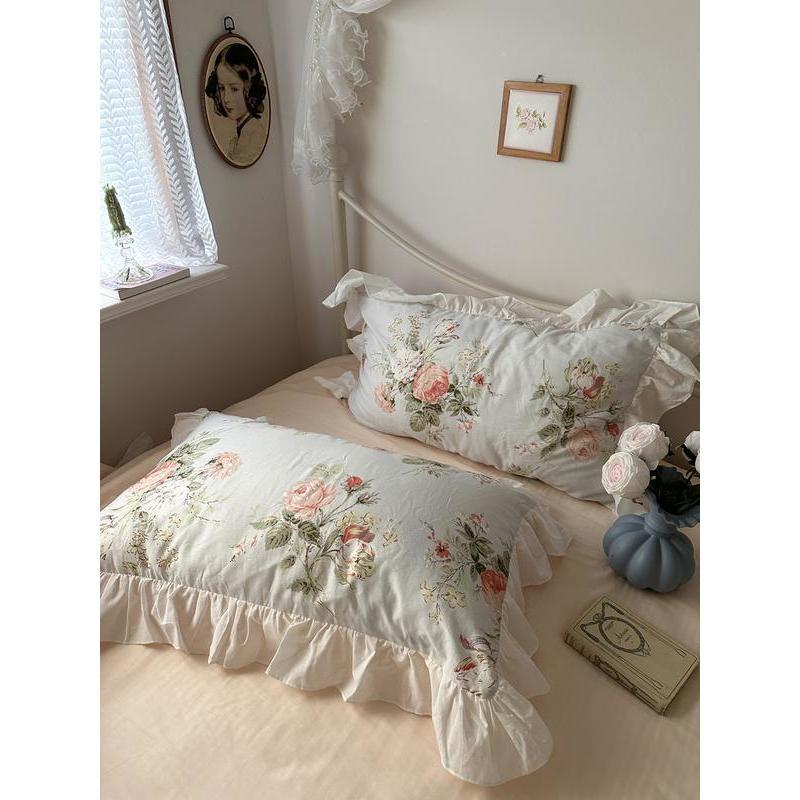 YICKYUE  -  100% Cotton Pillowcase Countryside Princess Lotus Leaf Lace Flower Single Pillowcases Girl Pillow Cover Romantic Retro 48 * 74cm