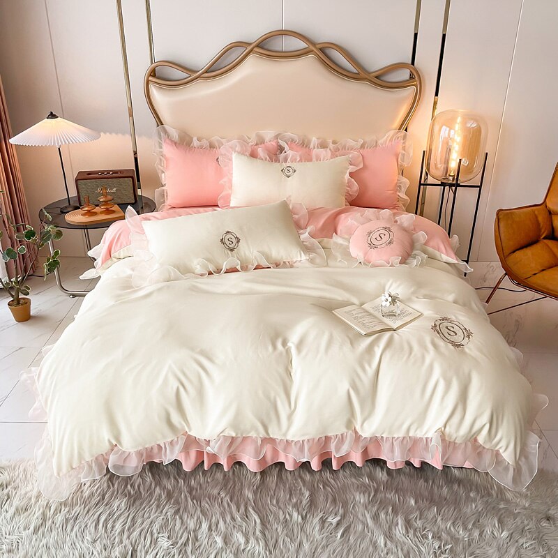 Luxury Embroidered Soft Brushed Washed Princess Bedding Set Lace Ruffles Quilt/Duvet Cover Bed Skirt Or Bed Linen Pillowcases